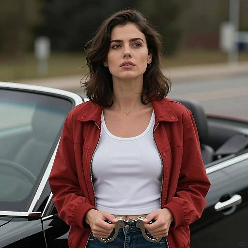 Woman Holding Handcuffs by Convertible Car
