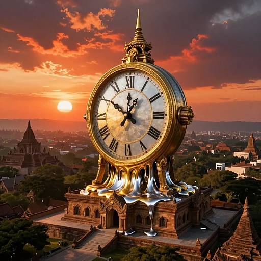 Gigantic, golden, ornate clock tower with glowing hands and Roman numerals against a vibrant, orange sunset sky over a historic cityscape.