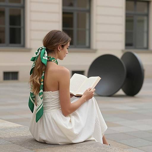 Serene Young Woman Reading in Courtyard