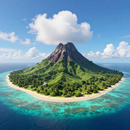 Photorealistic CGI of a small, lush, green island with a rocky peak, surrounded by turquoise waters and palm trees, under a bright blue sky