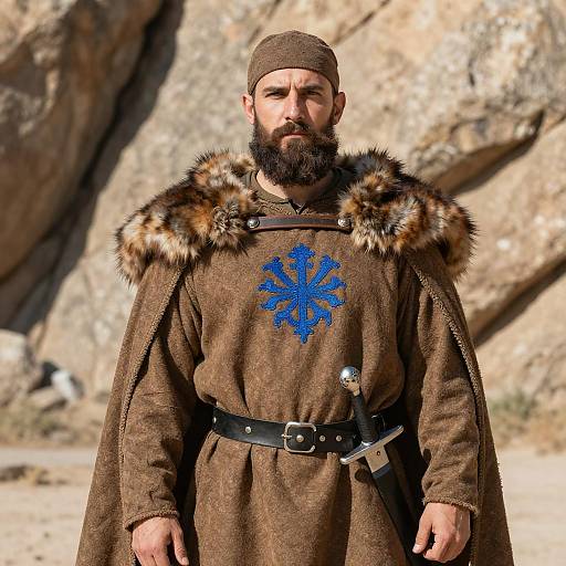 Medieval Bearded Man in Sunlit Rocky Setting