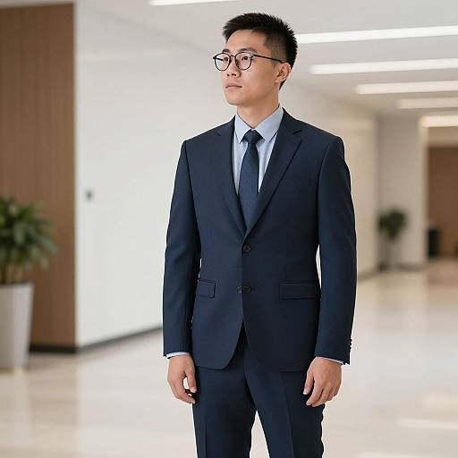 Asian businessman in suit standing in office lobby