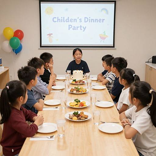 Photograph of a group of Asian children, both boys and girls, eating at a long wooden table in a brightly lit classroom, with a projector screen