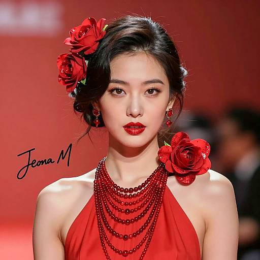 Elegant Woman in Red Dress with Glittering Flowers