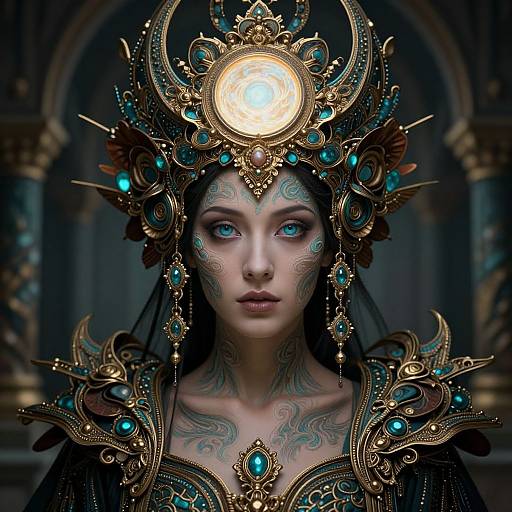 Digital artwork of a tattooed woman with glowing blue eyes, wearing an elaborate, gold and turquoise ornate headdress, in a dark, mystical,