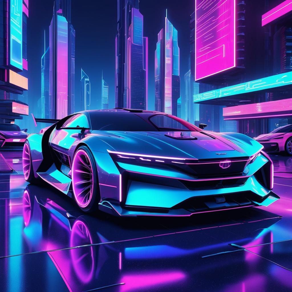 Neon Cyberpunk Car in Futuristic Cityscape