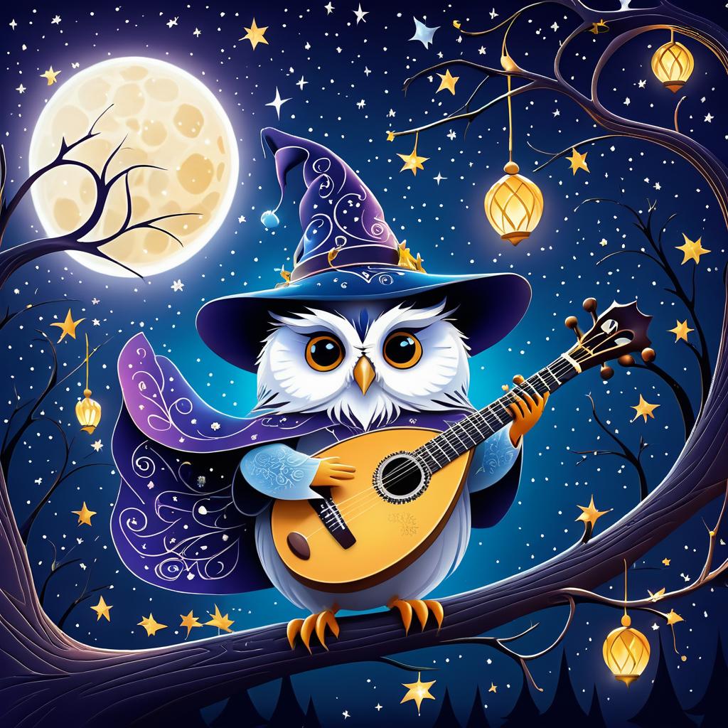 Enchanting Owl Playing Lute Under Moonlight