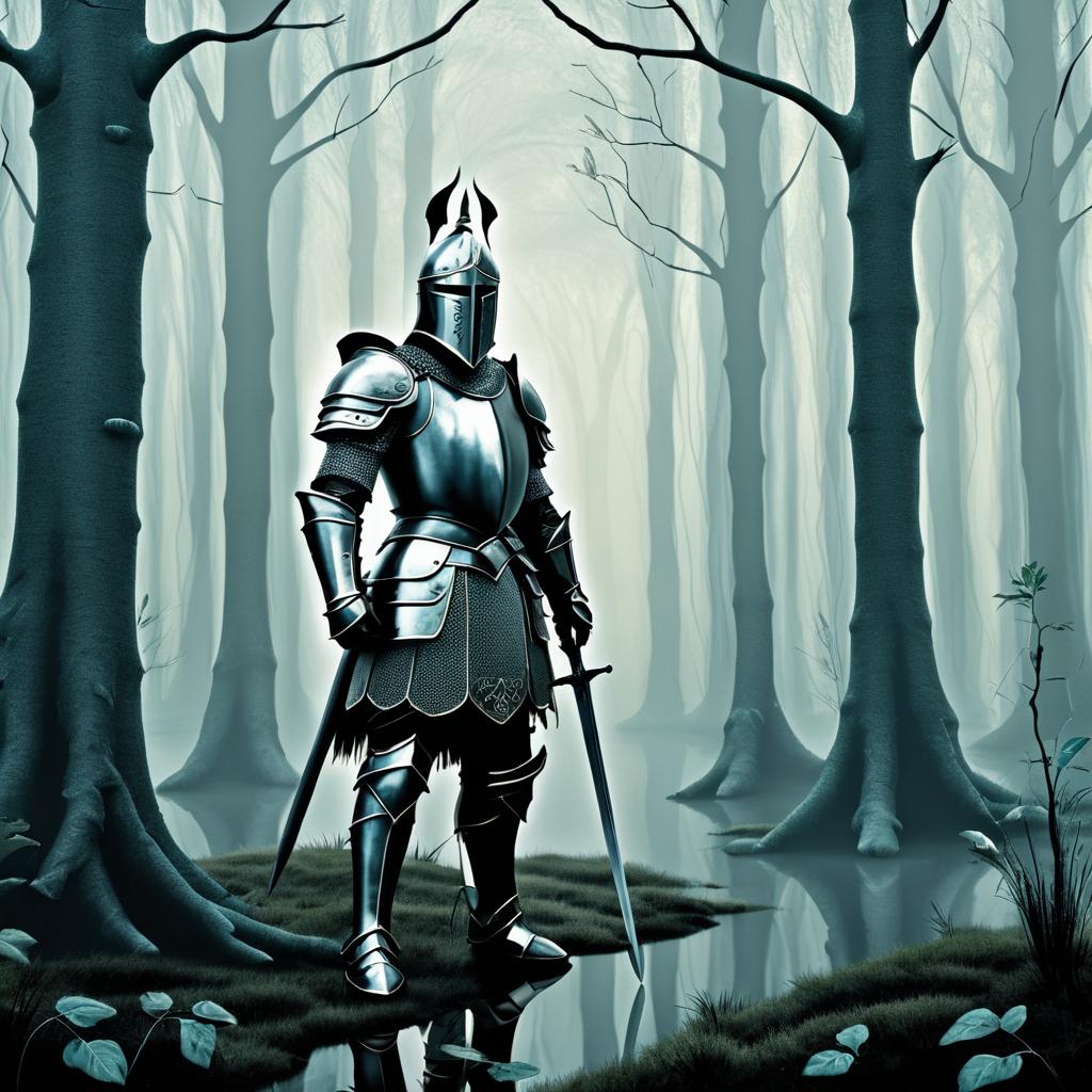 Whimsical Knight in Misty Forest