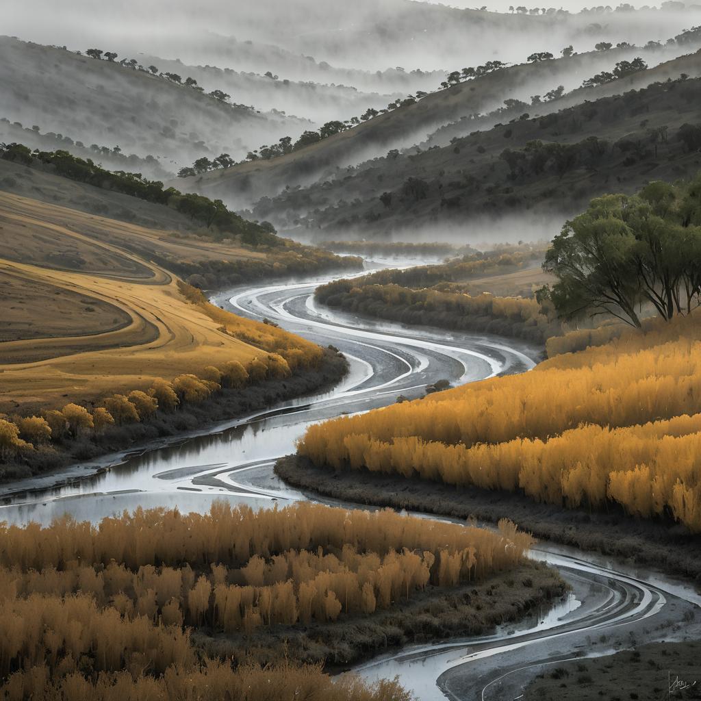 Misty Morning at a Willow Riverbank