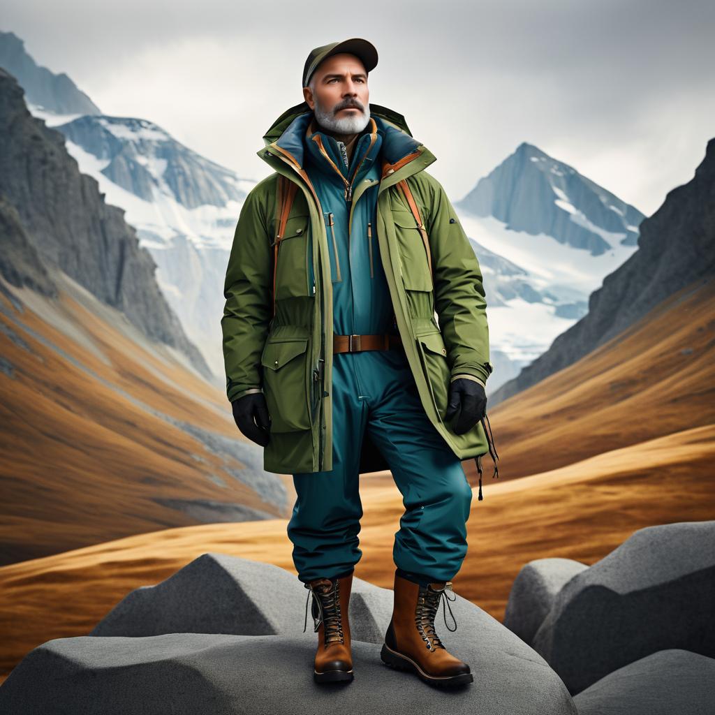 Adventurous Fashion: Rugged Man in Mountains