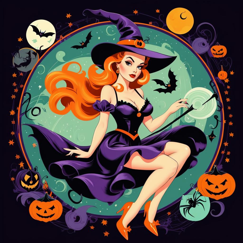 Vintage Pin-Up Witch Halloween Scene