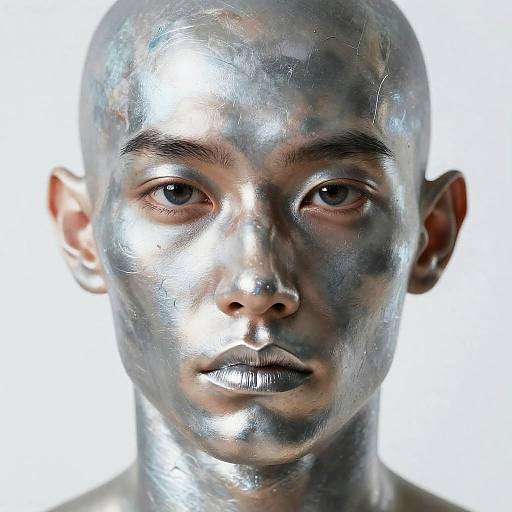 Photograph of a bald, androgynous person with a silver metallic face, reflecting light, with a neutral expression, against a white background.