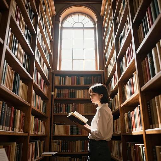 Photograph of a young woman with dark hair, wearing a white blouse and black skirt, standing in a sunlit library aisle, holding a book,