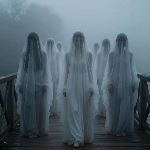 Veiled Figures on Misty Bridge