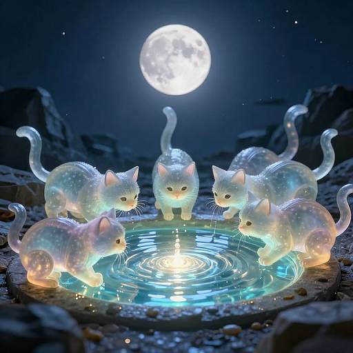 Digital artwork of glowing, translucent white kittens surrounding a luminous water pool under a full moon in a dark, rocky landscape.
