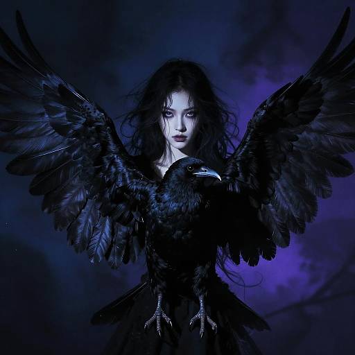Mysterious woman with black wings and feathers, holding a crow, illuminated by blue-purple light, in a dark, ethereal setting. Digital art.