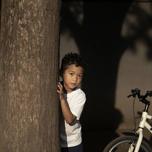 Curious Boy Hiding Behind a Tree