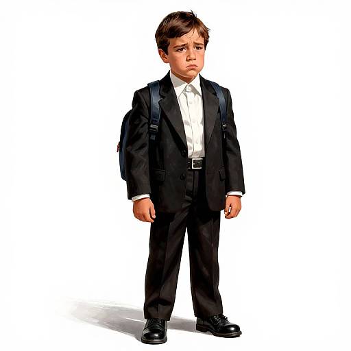 Sad Little Boy in Suit with Backpack