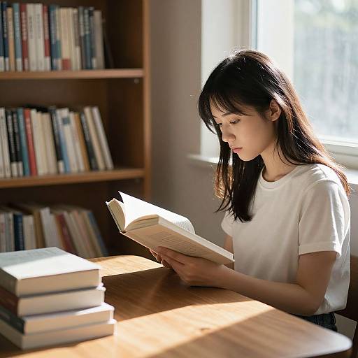 Photograph of an Asian woman with long black hair, wearing a white t-shirt, reading a book at a sunlit wooden table in a library,