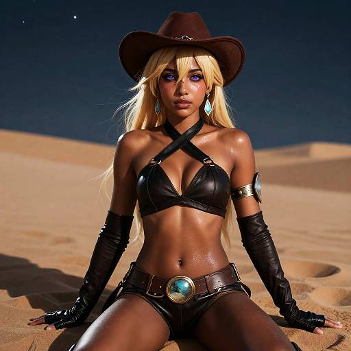 Cosplay of Dark-Skinned Blonde Cowgirl in Desert