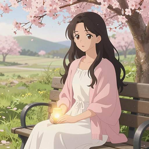 Anime Woman with Candle Under Cherry Blossoms