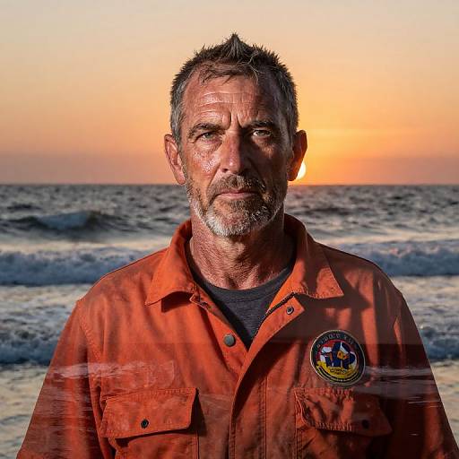 Photograph of a middle-aged man with graying hair and beard, wearing an orange button-up shirt with a logo, standing at sunset on a beach