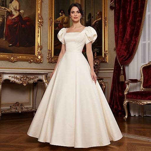 Photograph of a fair-skinned woman with dark hair in a white, puffed-sleeve, satin wedding gown, standing in an opulent