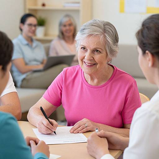 Senior Woman Signing Documents Warmly