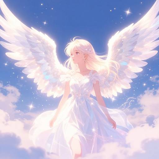 Digital anime-style drawing of a blonde angel with glowing white wings, wearing a flowing white dress, against a bright blue sky with sparkling stars.