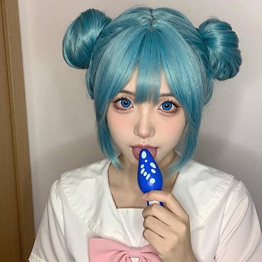 Young Woman with Turquoise Hair and Blue Object