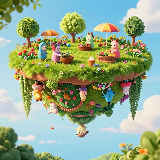 Whimsical CGI image of a floating garden island with colorful flowers, trees, and cute, cartoon-like characters under umbrellas and bright blue sky.