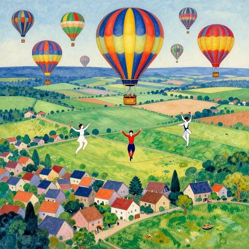 Colorful illustration of four people flying in hot air balloons over a vibrant, rural landscape with houses, fields, and distant hills.