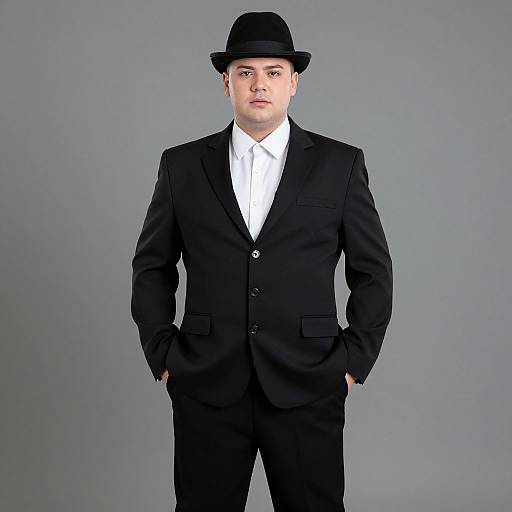 Photograph of a young Caucasian man with pale skin, wearing a black suit, white shirt, black tie, and black bowler hat, standing against