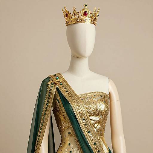 Photograph of a faceless white mannequin wearing a gold crown, ornate gold and green dress with intricate embroidery, and a green velvet s