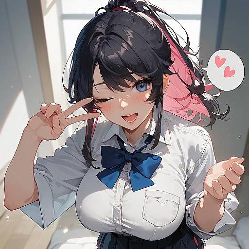 Anime-style digital drawing of a cute, large-breasted girl with black hair, pink streaks, blue eyes, winking, and flashing a peace