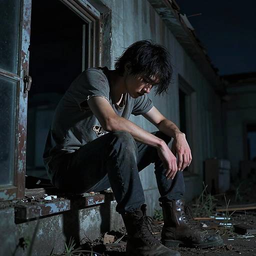Photograph of a melancholic young man with messy black hair, sitting alone in a dimly lit, abandoned, deteriorating building, wearing a dirty