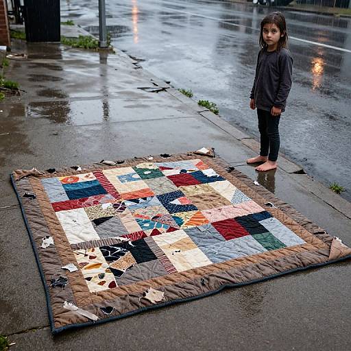 Torn Quilt on Rainy Sidewalk