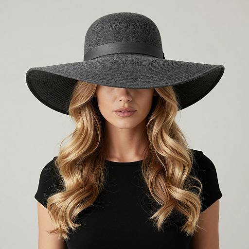 Photograph of a blonde woman with wavy hair, wearing a large black wide-brimmed hat with a satin band, and a black short-s