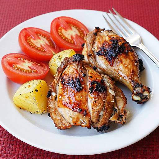 Photograph of grilled, seasoned chicken wings, roasted yellow potatoes, and sliced tomatoes on a white plate, with silver fork on red textured tablecloth.