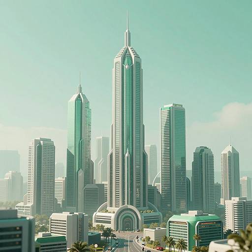 Futuristic Cityscape Portrait in Mint Green