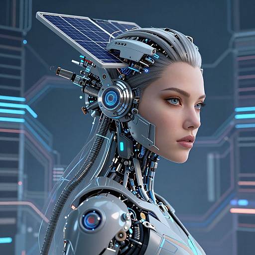 CGI image of a futuristic, cybernetic woman with silver hair, blue eyes, and mechanical enhancements, including a solar panel on her head,
