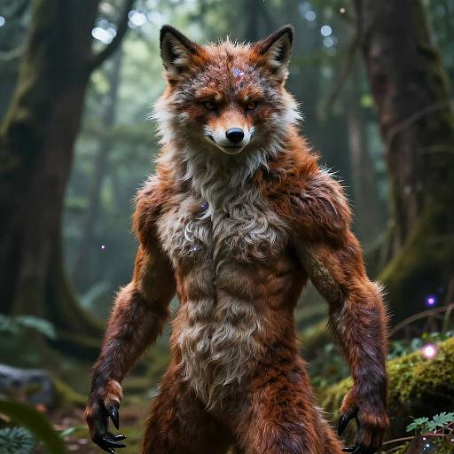 Photorealistic CGI of a muscular, anthropomorphic red fox with sharp claws, standing in a dense, misty forest, staring intently.