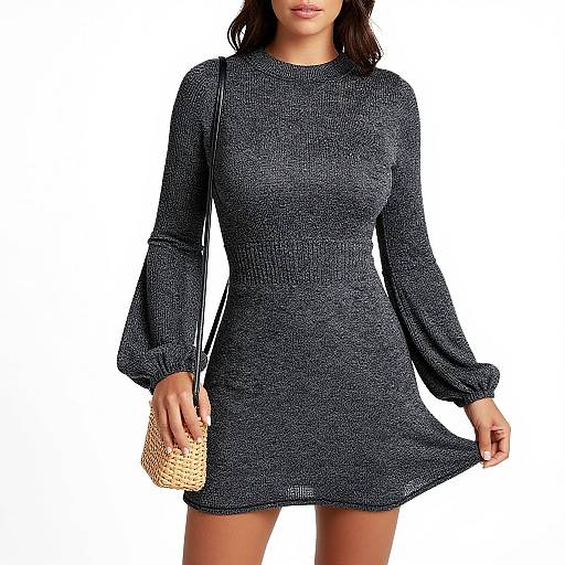 Photograph of a woman in a long-sleeve, black, knit mini dress, holding a woven beige handbag, white background.