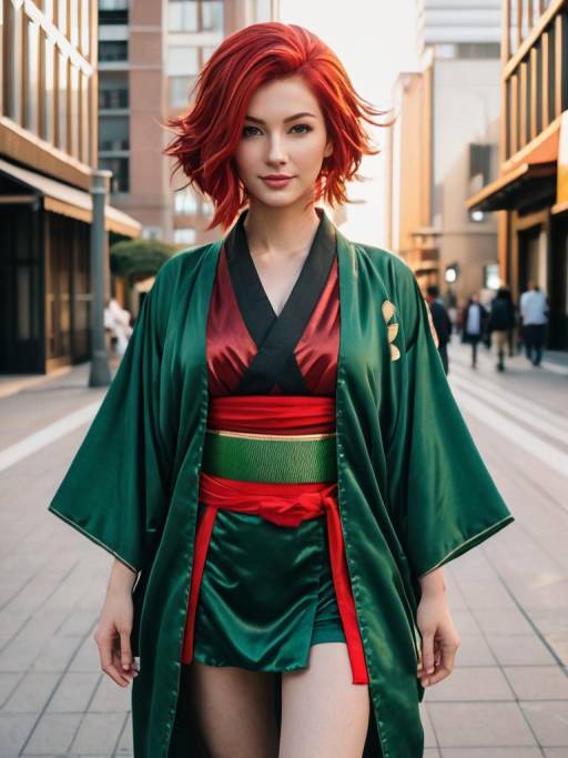 Woman in Green Kimono with Red Hair in Urban Setting