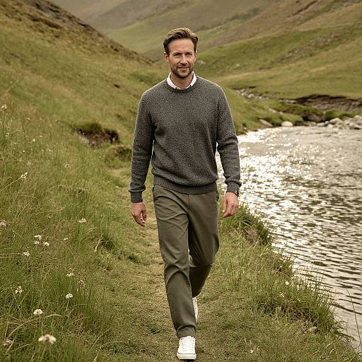 Photograph of a bearded man with short brown hair, wearing a gray sweater, white shirt, green pants, and white sneakers, walking along a