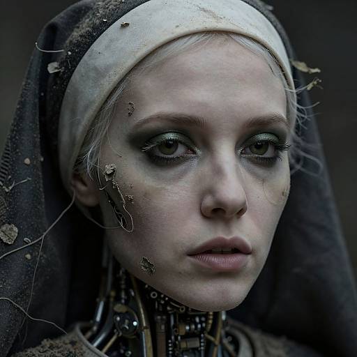 Close-up photograph of a pale, young woman with dark, smudged makeup, wearing a tattered nun's habit with dirt and decay. Her
