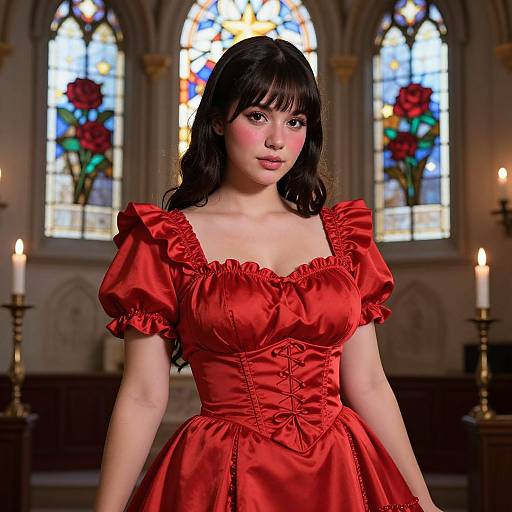 Photograph of a young woman with long black hair, wearing a red, ruffled, Victorian-style dress, standing in a dimly lit church with