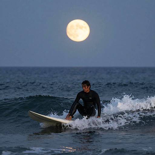 Photograph of a man in a black wetsuit surfing under a bright full moon in a dark blue ocean at dusk.