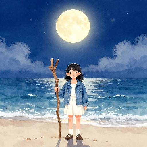 Moonlit Beach Watercolor Illustration