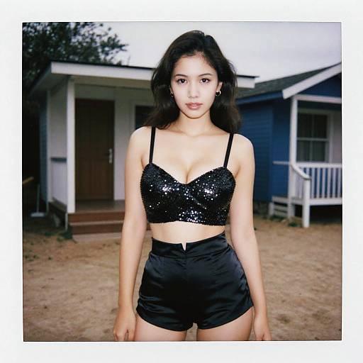 Photograph of an Asian woman with long black hair, wearing a sequin black crop top and high-waisted black shorts, standing in front of